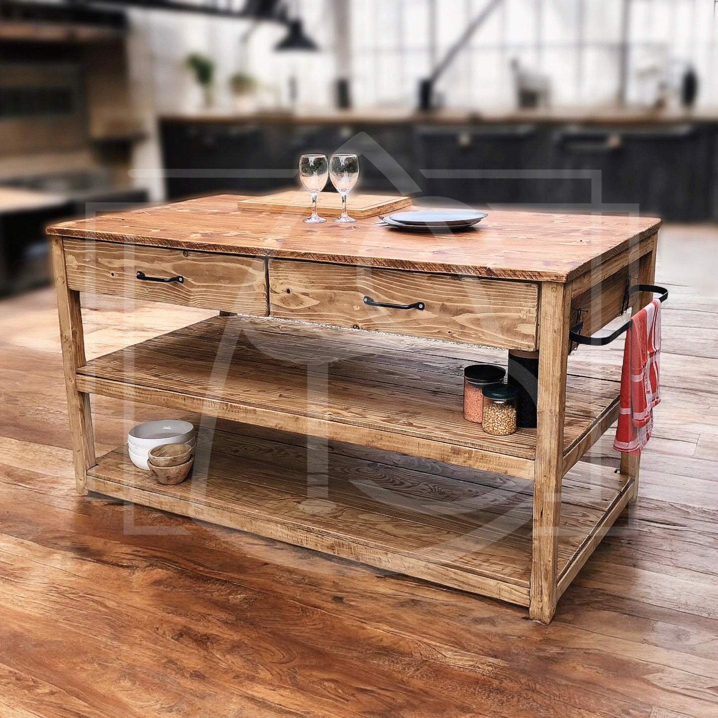 Ilot de cuisine central sur mesure Volga (avec porte serviette metal) - TimberSteel Atelier