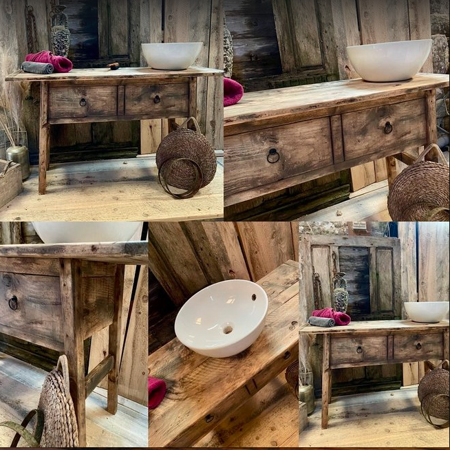 Meuble sous vasque Vintage en bois vieilli (Maningoza) - Dispo de suite - TimberSteel Atelier