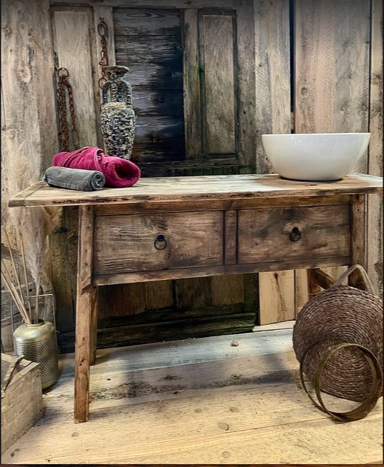 Meuble sous vasque Vintage en bois vieilli (Maningoza) - Dispo de suite - TimberSteel Atelier