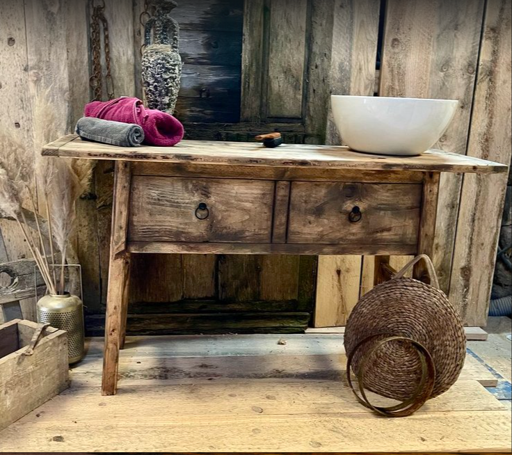 Meuble sous vasque Vintage en bois vieilli (Maningoza) - Dispo de suite - TimberSteel Atelier