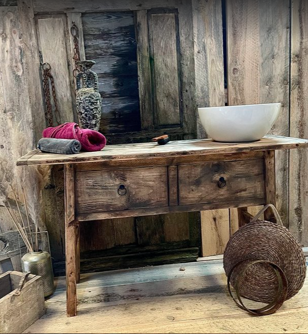 Meuble sous vasque Vintage en bois vieilli (Maningoza) - Dispo de suite - TimberSteel Atelier