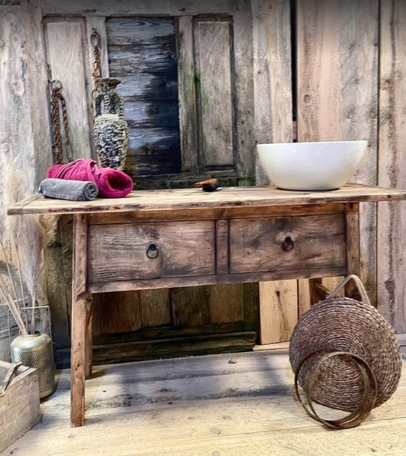 Meuble sous vasque Vintage en bois vieilli (Maningoza) - Dispo de suite - TimberSteel Atelier