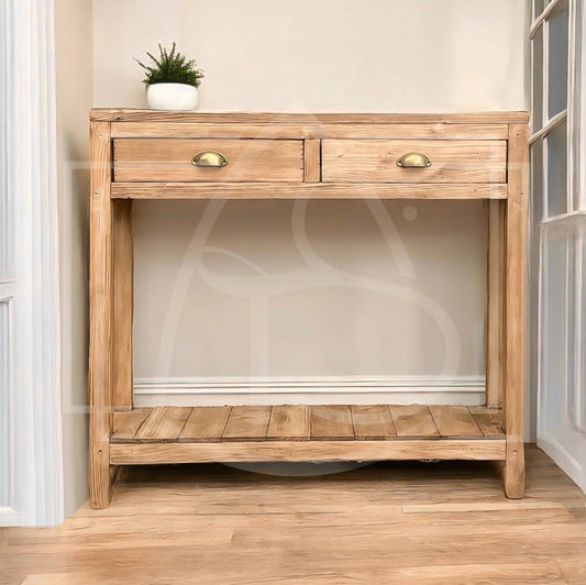 Console en bois massif naturel avec deux tiroirs, fabrication artisanale et écoresponsable.