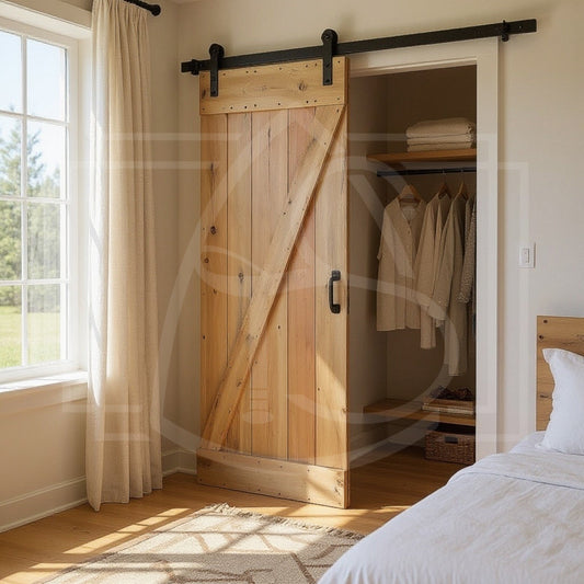 Porte coulissante en bois massif recyclé avec rail noir, fabrication artisanale naturelle.