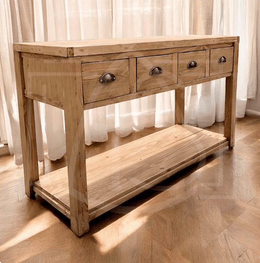 Console en bois massif naturel avec tiroirs, fabrication artisanale respectueuse de la nature.
