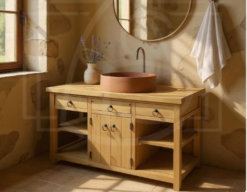 Meuble de salle de bain sur mesure en bois massif naturel avec vasque ronde en terre cuite.