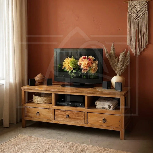 Meuble TV en bois massif naturel et durable avec tiroirs, fabriqué sans produits nocifs.