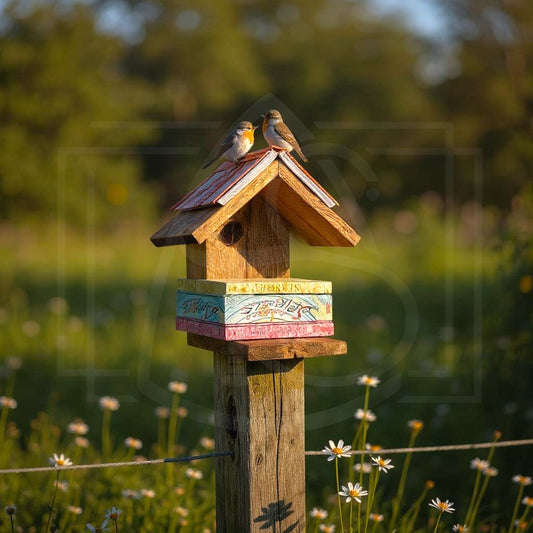 Nichoir en bois massif artisanal coloré accueillant deux oiseaux dans un jardin naturel.