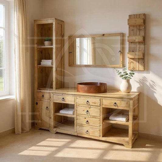 Meuble de salle de bain sur mesure en bois massif recyclé avec vasque en cuivre et miroir.