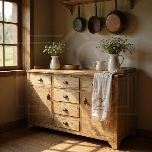 Buffet en bois massif recyclé avec tiroirs, finition naturelle et durable pour l'habitat.