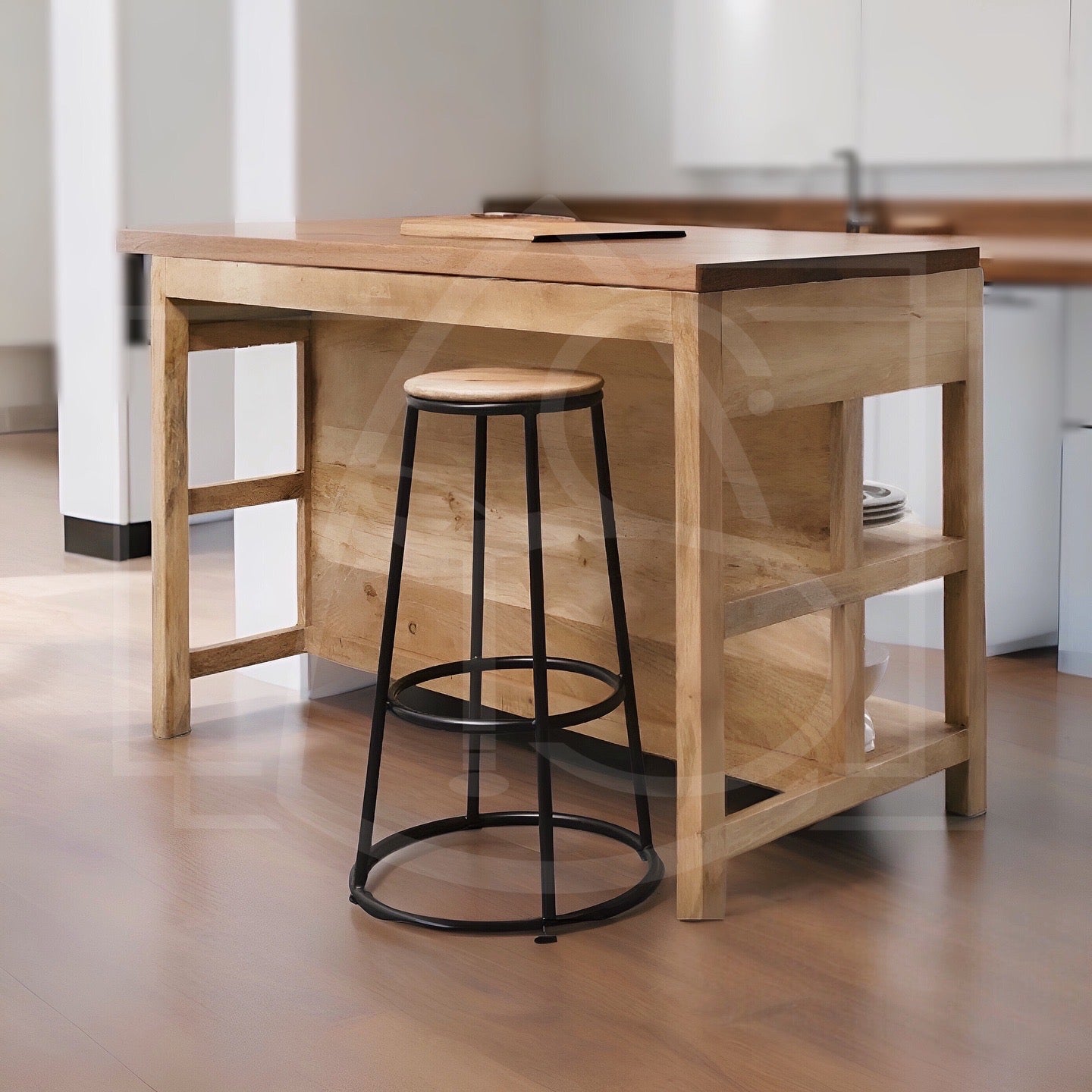 ilot de cuisine en bois massif avec tabouret sur mesure