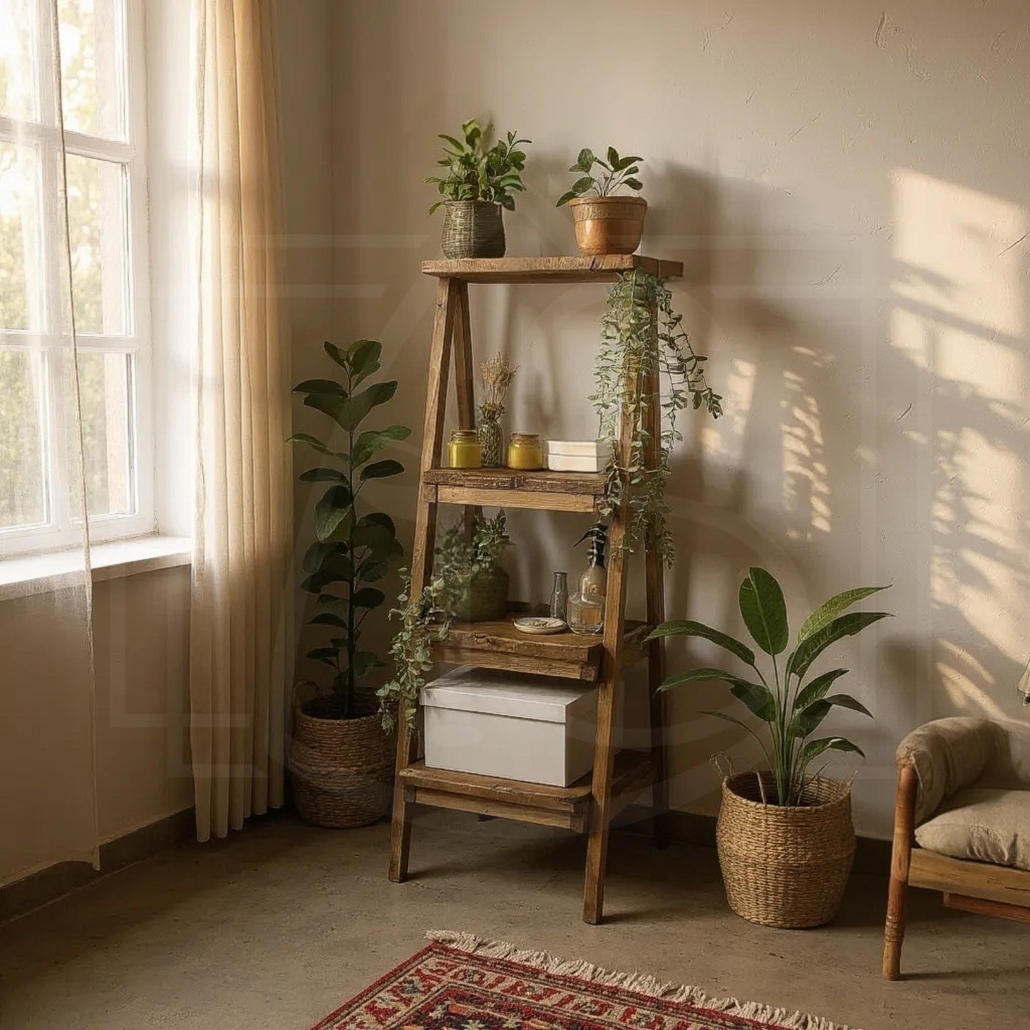 Escabeau déco en bois massif – étagère & porte-plante avec option tiroir 🌿✨