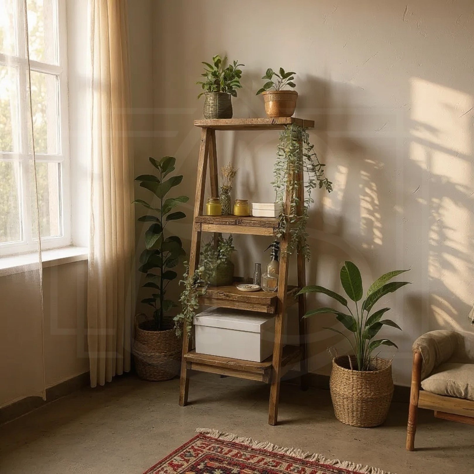 Escabeau déco en bois massif – étagère & porte-plante avec option tiroir 🌿✨