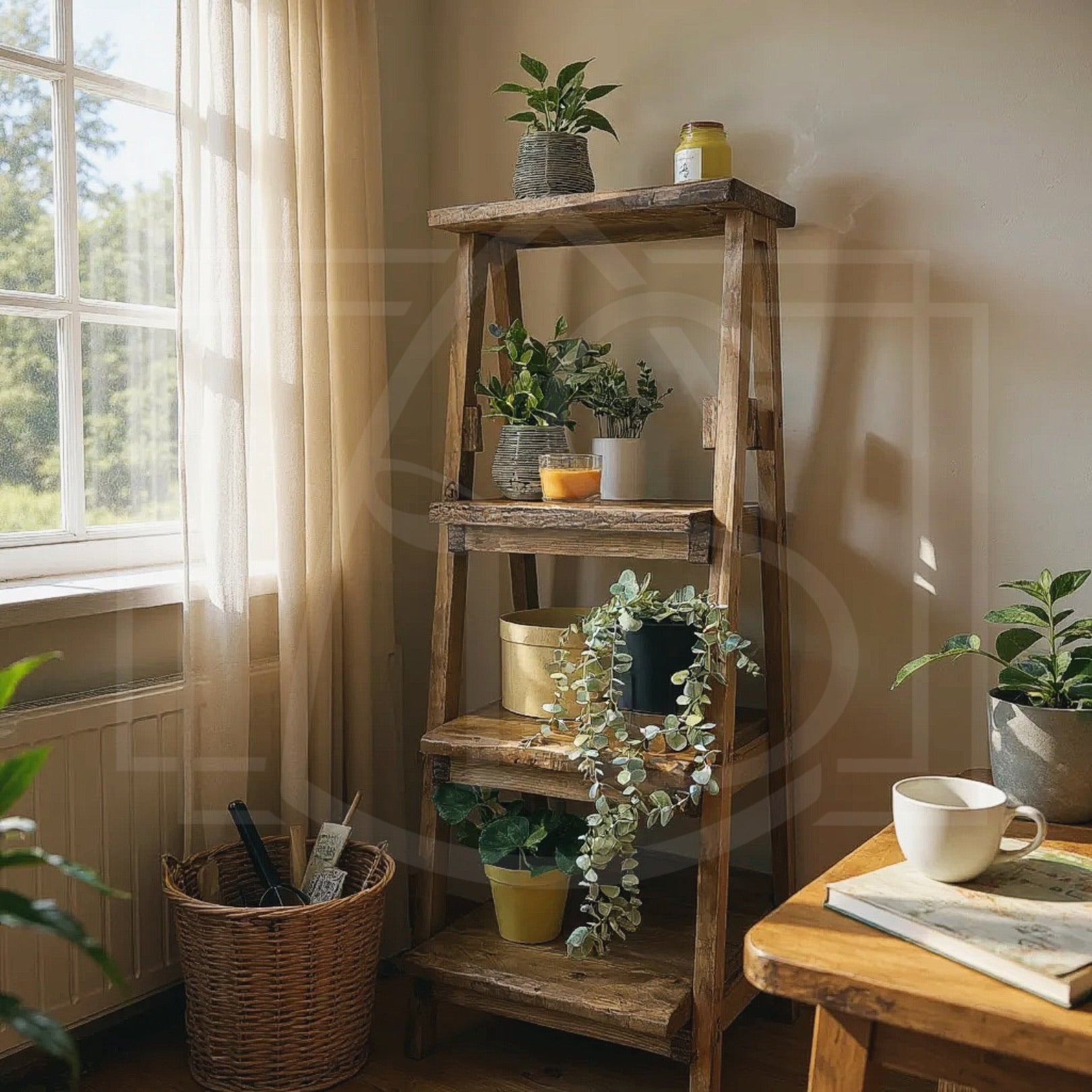 Escabeau déco en bois massif – étagère & porte-plante avec option tiroir 🌿✨