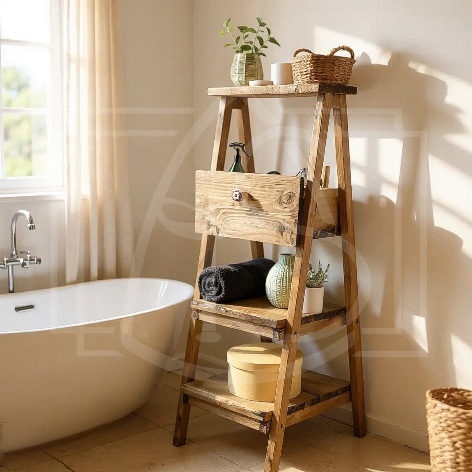 Escabeau déco en bois massif – étagère & porte-plante avec option tiroir 🌿✨