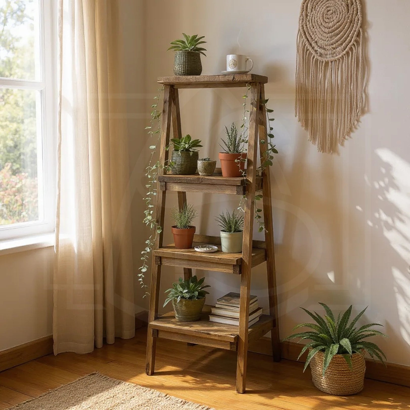 Escabeau déco en bois massif – étagère & porte-plante avec option tiroir 🌿✨