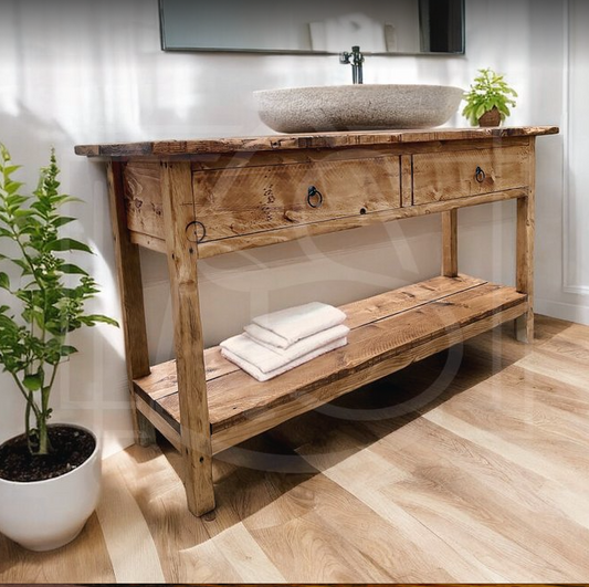 Meuble de salle de bain en bois massif vieilli – Oyapock - Dispo de suite - TimberSteel Atelier