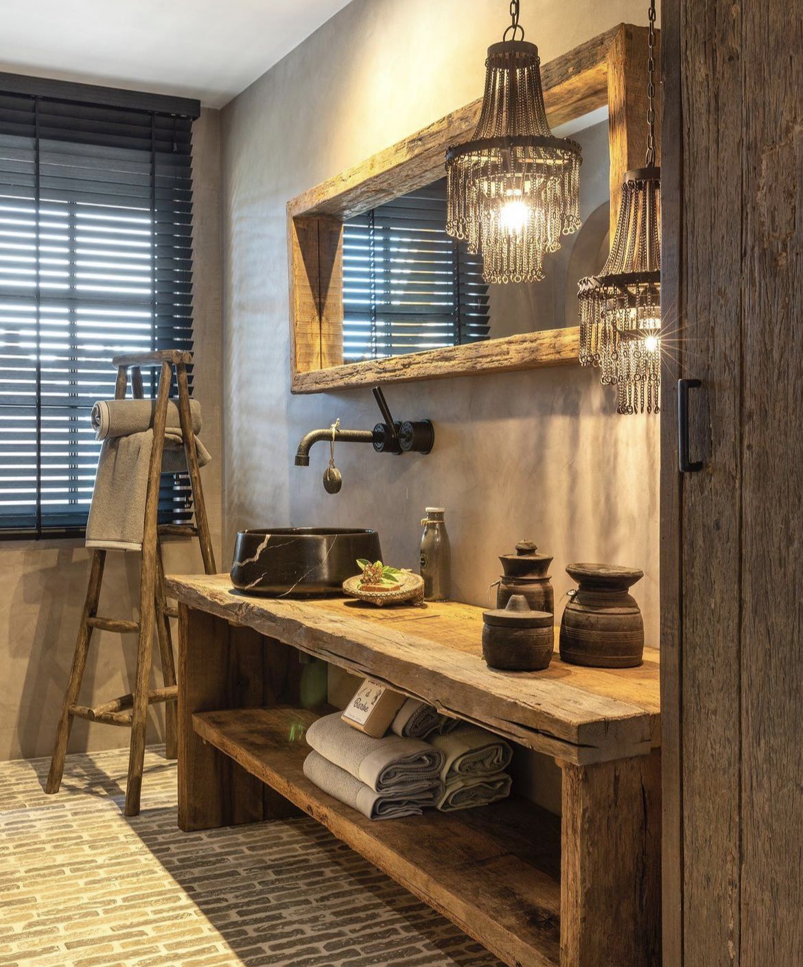 Ensemble Meuble Salle de Bain en Bois Vieilli +  miroir + colonnes