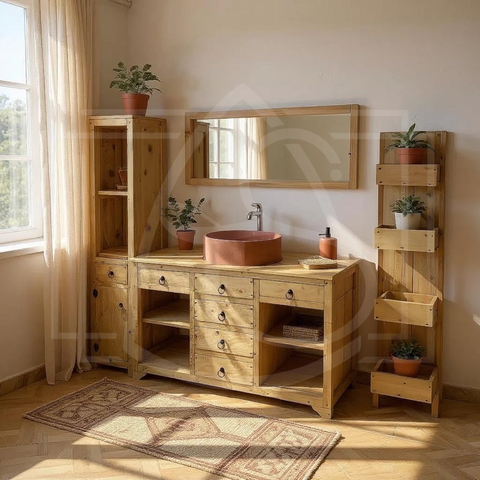 Étagère murale en bois massif Bonifatu – 4 tablettes – Fabrication artisanale