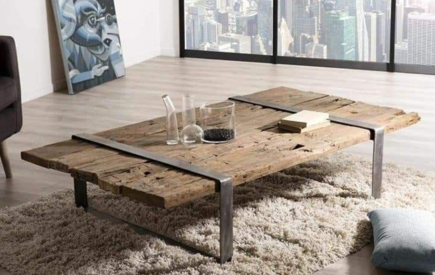 table basse de salon en bois massif sur mesure et vintage style industriel